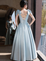 A-Line V-Neck Floor-Length Dusty Blue Satin Prom Dress with Bow Shoulder Straps and Beaded Bodice