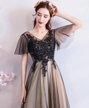A-line V Neck Floor-Length Tulle & Lace Prom Dress with Sheer Sleeves