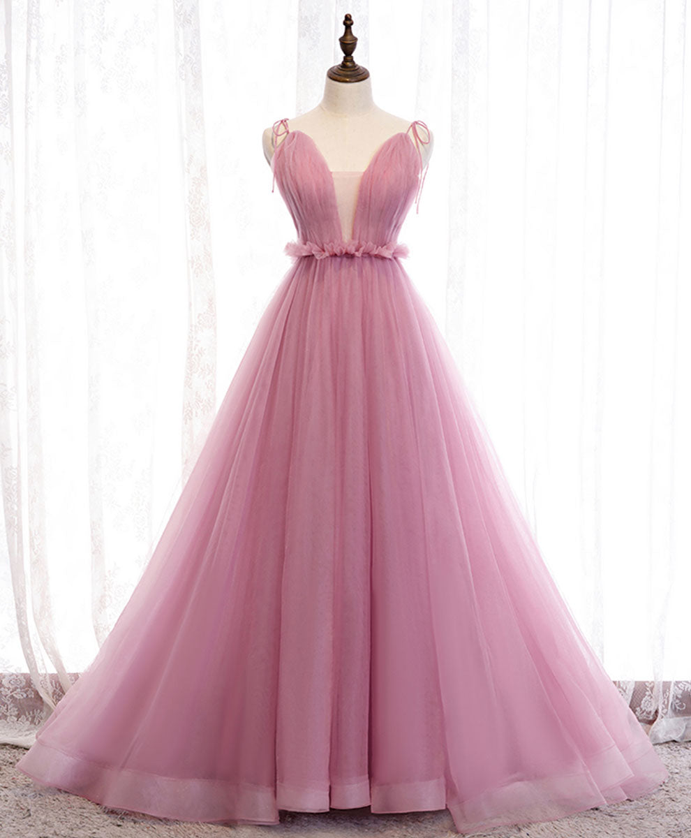 pink tulle long prom dress