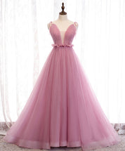 pink tulle long prom dress