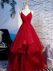Red A-Line V Neck Floor-Length Tulle Prom Dress with Layered Ruffle Skirt
