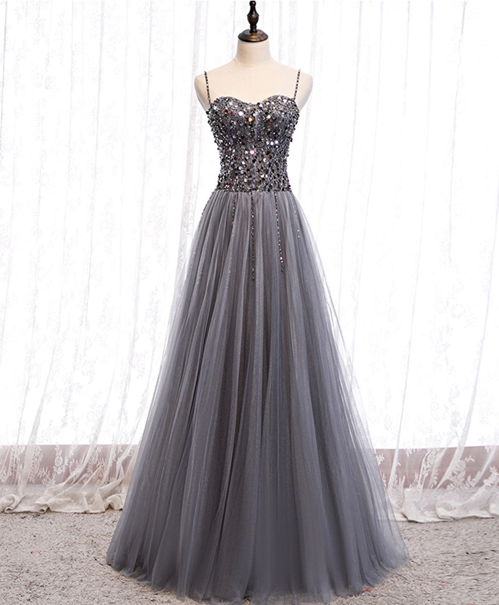 A-Line Sweetheart Neck Floor-Length Gray Tulle Sequin Prom Dress with Beaded Bodice