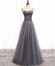 A-Line Sweetheart Neck Floor-Length Gray Tulle Sequin Prom Dress with Beaded Bodice