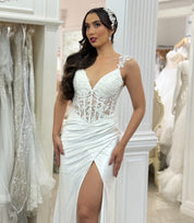 Sheath V-Neck Floor-Length Satin Prom Dress with Lace Corset Bodice and Slit