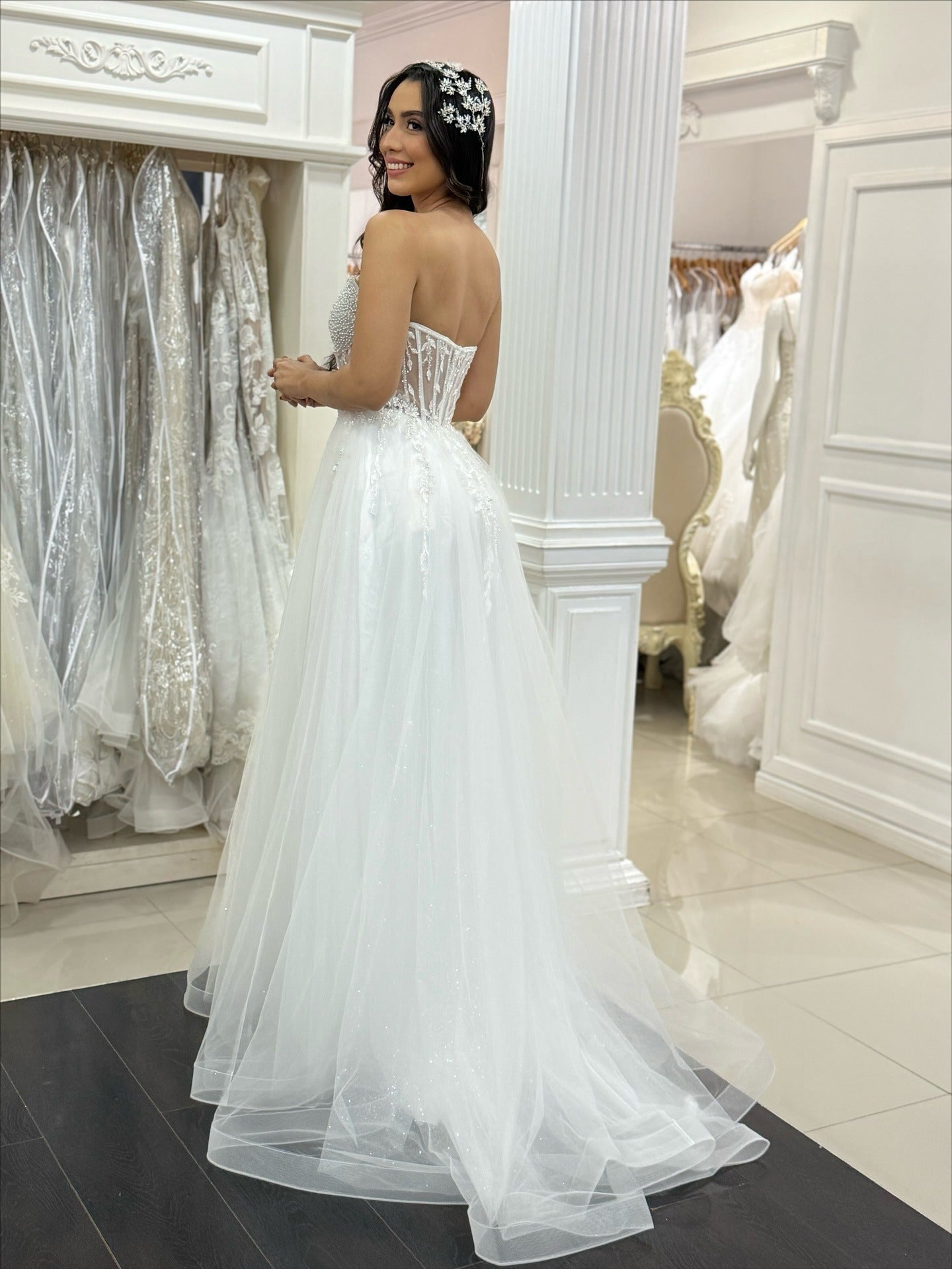 A-Line Sweetheart Neck Floor-Length Tulle Prom Dress with Beaded Corset Bodice