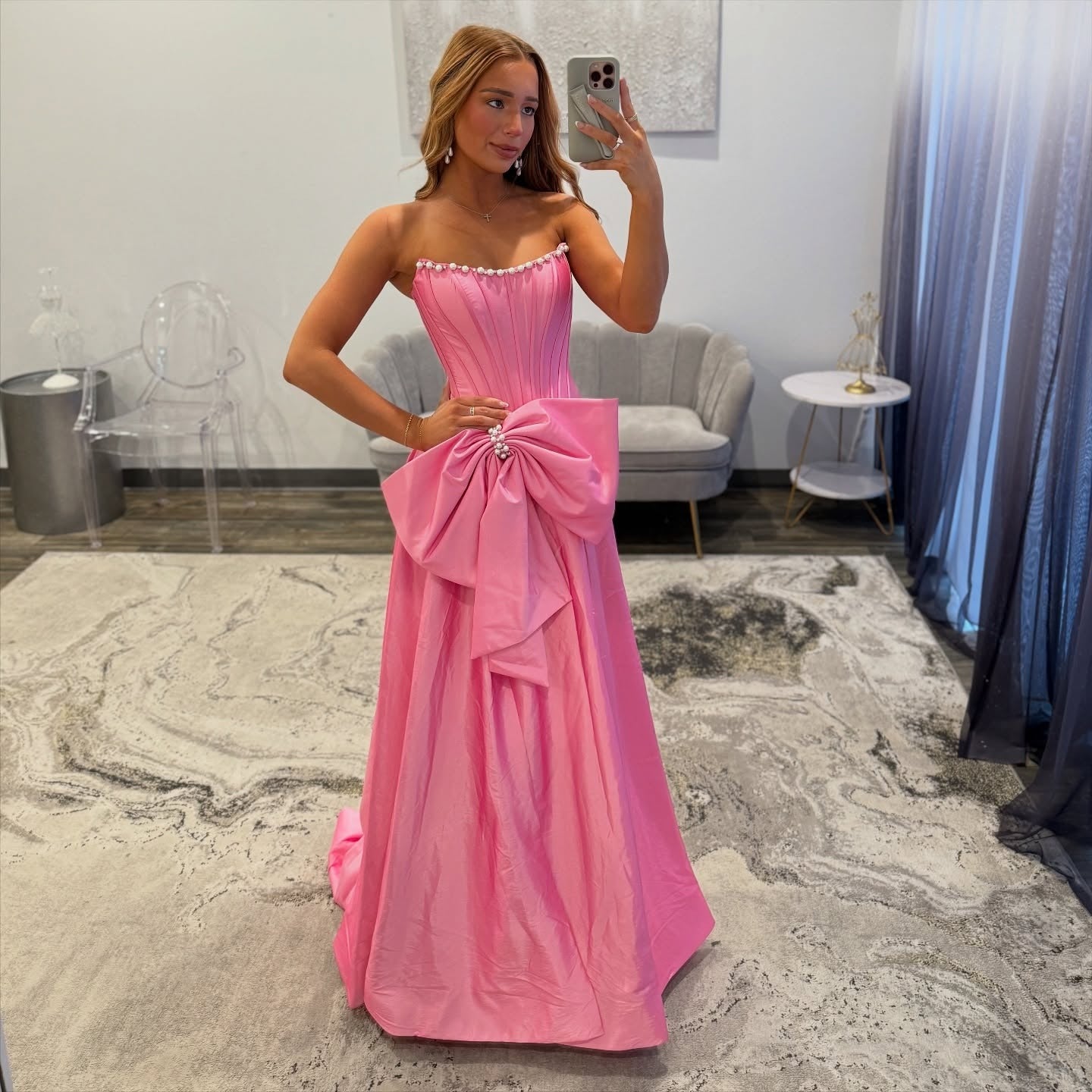 Sheath Strapless Floor-Length Pink Satin Prom Dress with Oversized Bow Slit