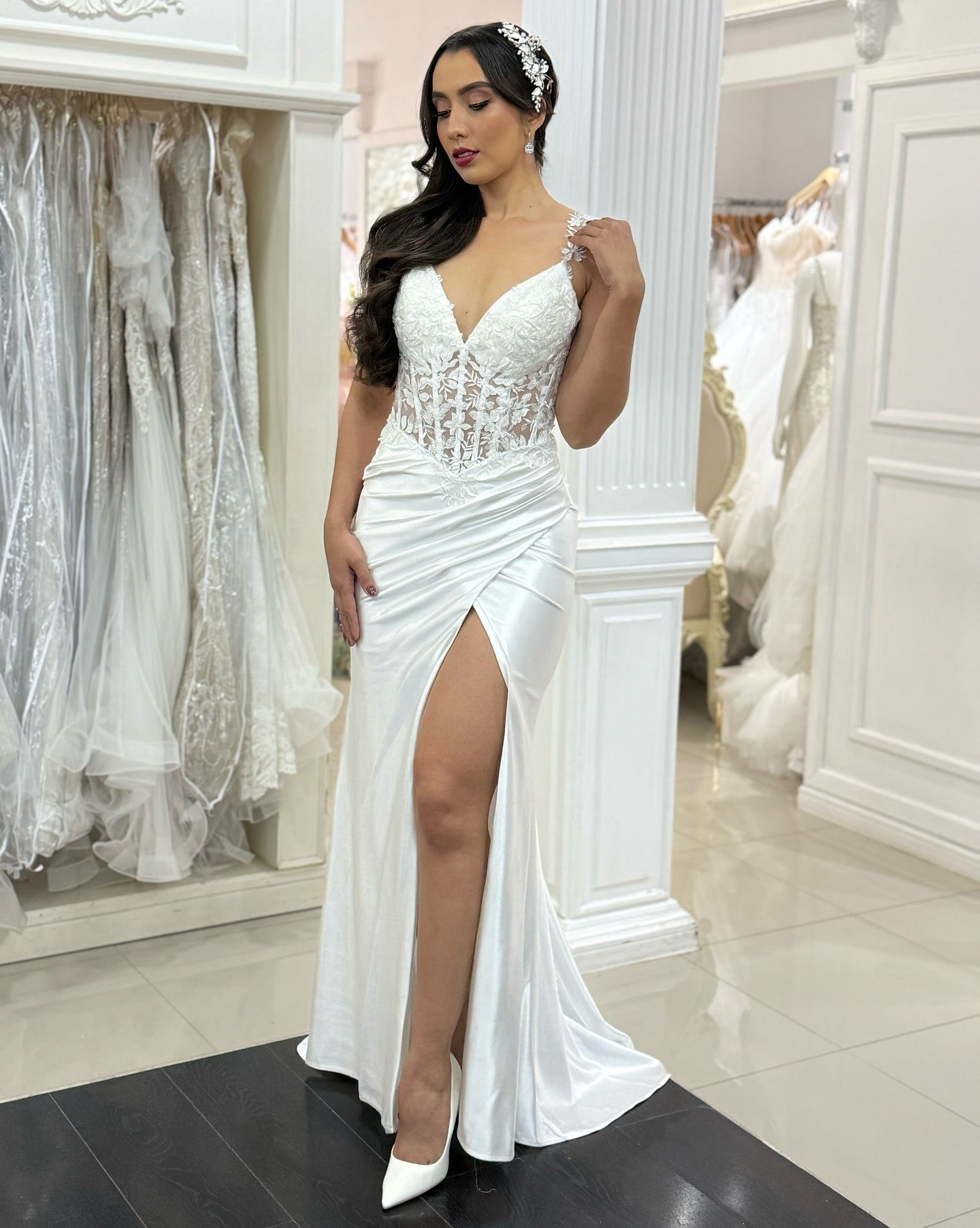 Sheath V-Neck Floor-Length Satin Prom Dress with Lace Corset Bodice and Slit
