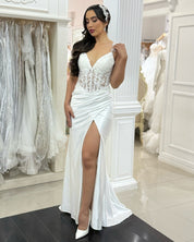 Sheath V-Neck Floor-Length Satin Prom Dress with Lace Corset Bodice and Slit