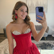 Ball Gown Sweetheart Floor-Length Red Satin Prom Dress with Crystal Bodice