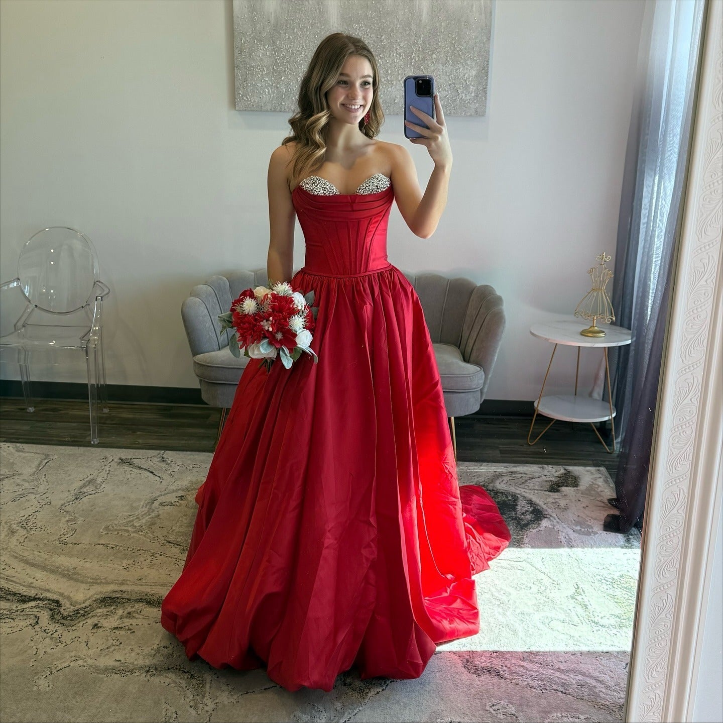 Ball Gown Sweetheart Floor-Length Red Satin Prom Dress with Crystal Bodice