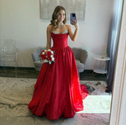 Ball Gown Sweetheart Floor-Length Red Satin Prom Dress with Crystal Bodice
