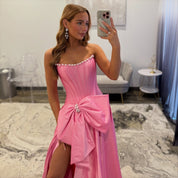 Sheath Strapless Floor-Length Pink Satin Prom Dress with Oversized Bow Slit