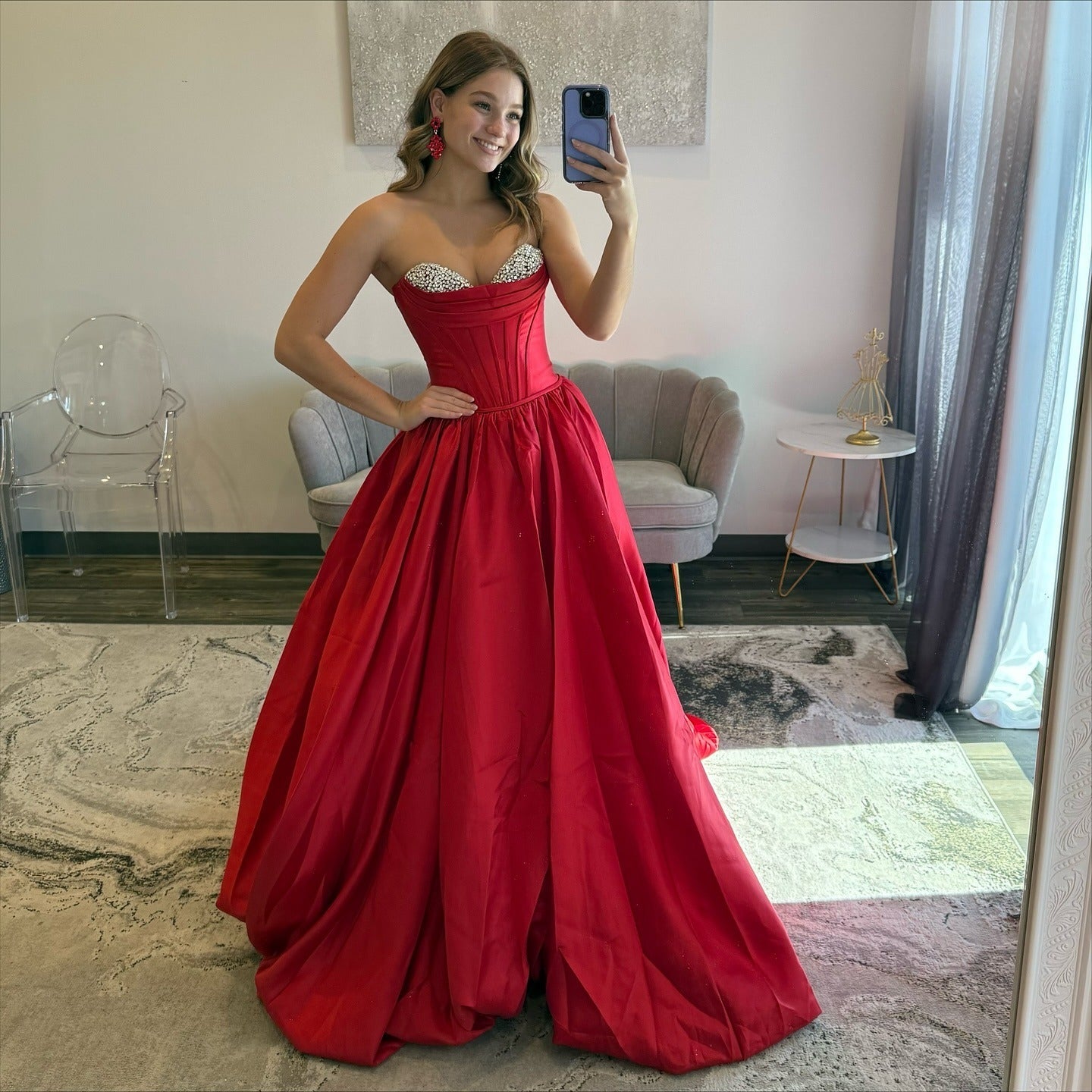 Ball Gown Sweetheart Floor-Length Red Satin Prom Dress with Crystal Bodice