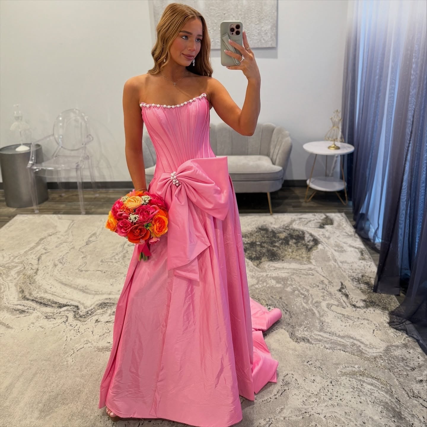 Sheath Strapless Floor-Length Pink Satin Prom Dress with Oversized Bow Slit