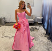 Sheath Strapless Floor-Length Pink Satin Prom Dress with Oversized Bow Slit