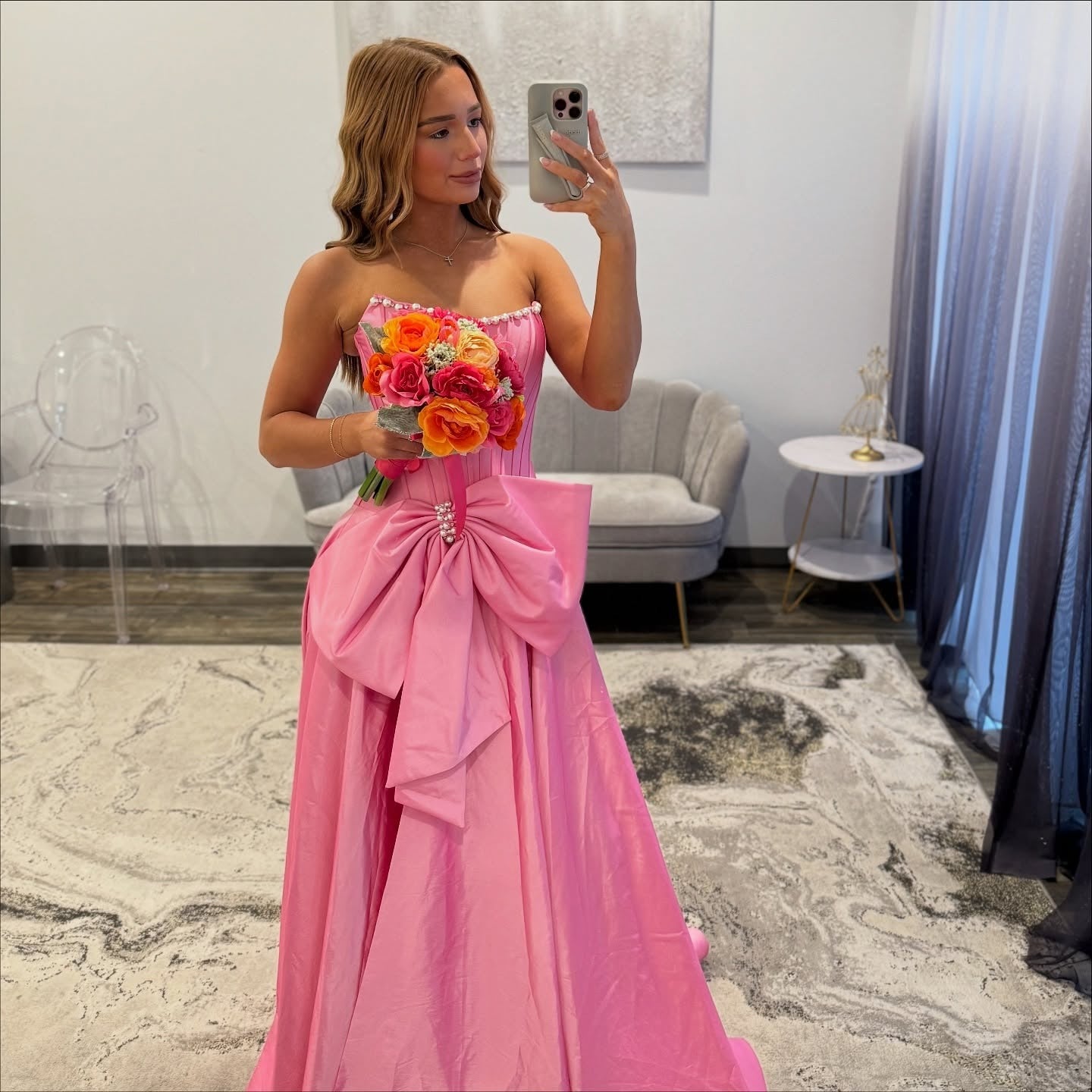 Sheath Strapless Floor-Length Pink Satin Prom Dress with Oversized Bow Slit