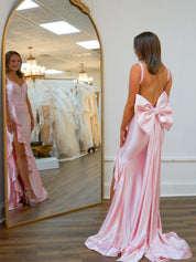 Sheath Sweetheart Floor-Length Blush Pink Satin Prom Dress with Ruffled Slit
