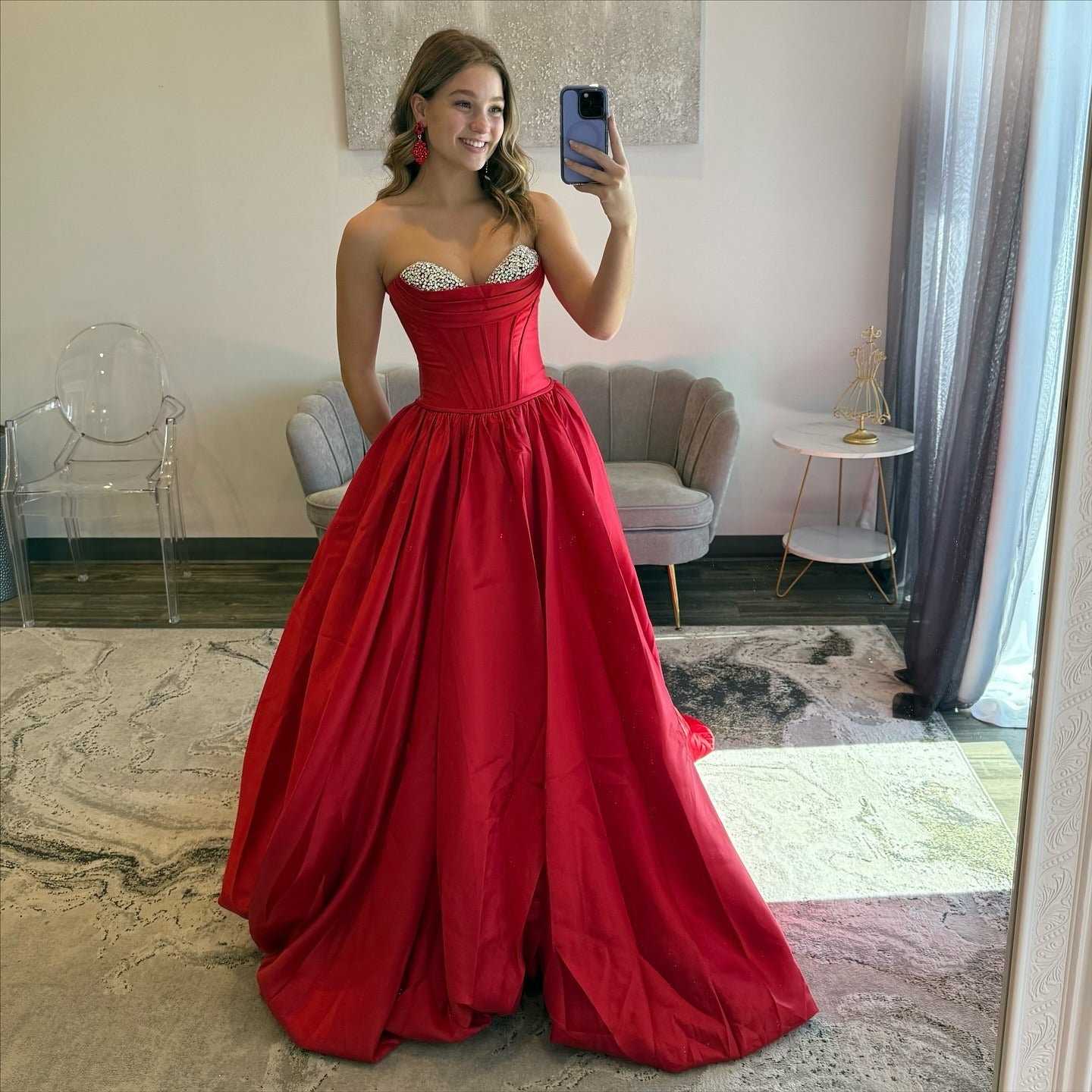 Ball Gown Sweetheart Floor-Length Red Satin Prom Dress with Crystal Bodice