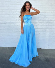 A-Line Strapless Sweetheart Floor-Length Chiffon Prom Dress with Bow Corset Bodice