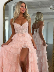 A-Line Sweetheart Floor-Length Blush Pink Lace High-Low Prom Dress with Tiered Ruffle Skirt