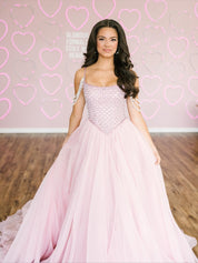 Ball Gown Square Neck Floor-Length Blush Pink Tulle Prom Dress with Beaded Bodice