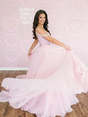 Ball Gown Square Neck Floor-Length Blush Pink Tulle Prom Dress with Beaded Bodice