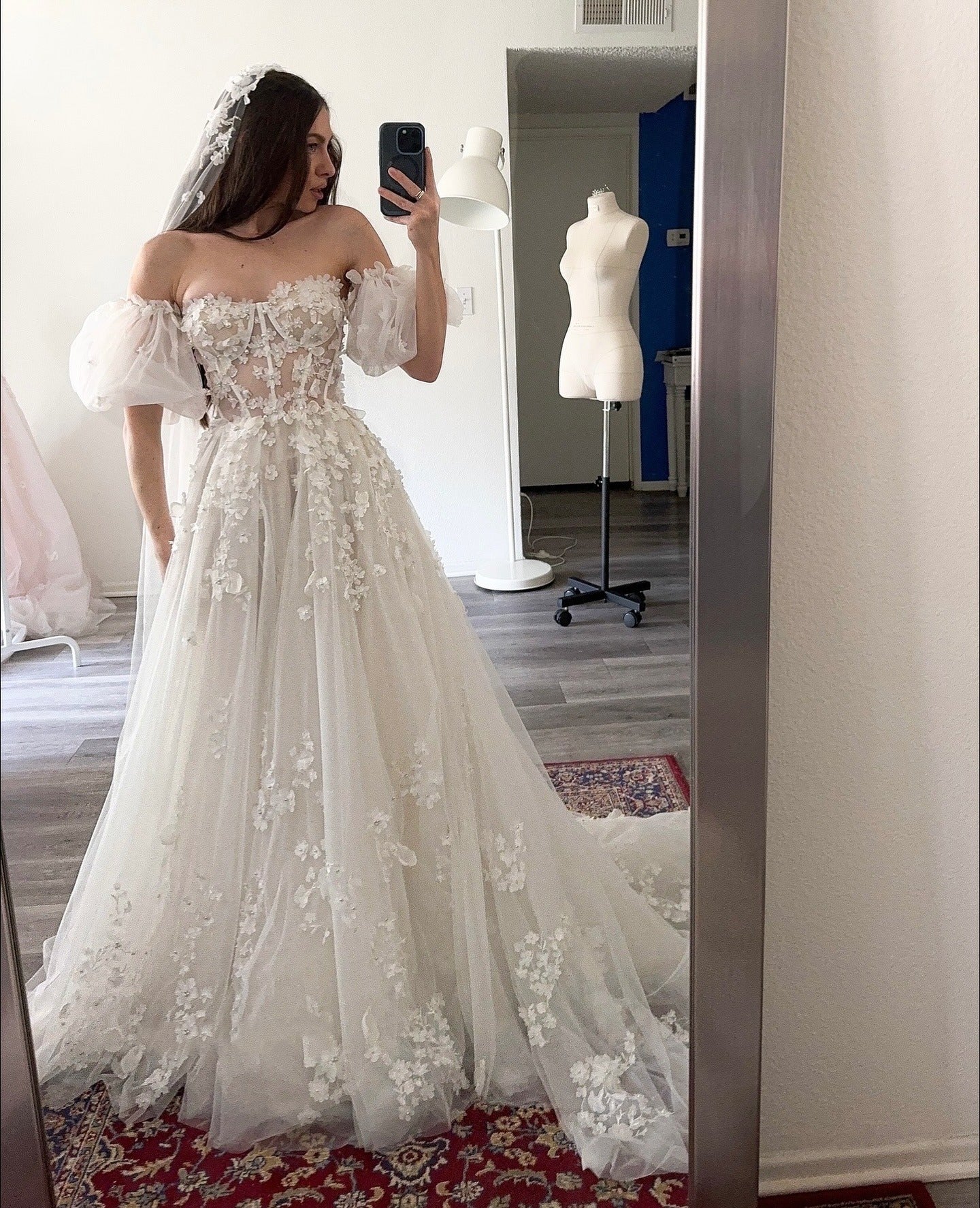 A-Line Off-the-Shoulder Floor-Length Tulle Prom Dress with 3D Floral Lace Appliqué