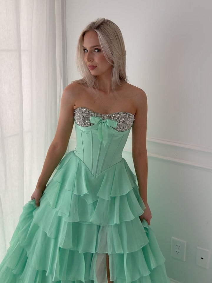 A-Line Strapless Sweetheart Floor-Length Chiffon Prom Dress with Sparkling Bow Bodice and Tiered Ruffle Skirt