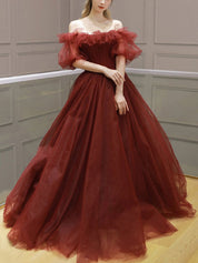 Ball Gown Off-the-Shoulder Floor-Length Burgundy Tulle Romantic Prom Dress