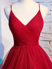 Red A-Line V Neck Floor-Length Tulle Prom Dress with Layered Ruffle Skirt