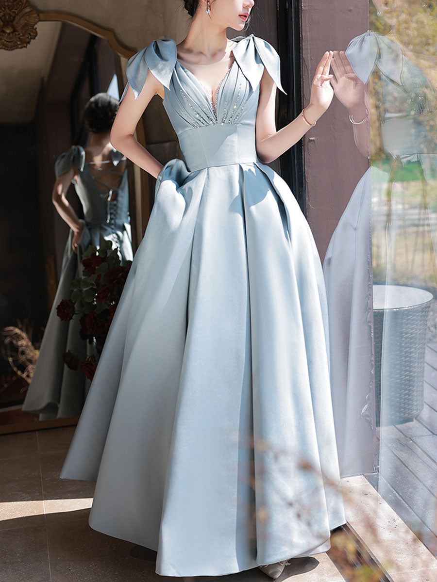 A-Line V-Neck Floor-Length Dusty Blue Satin Prom Dress with Bow Shoulder Straps and Beaded Bodice