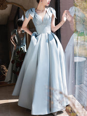 A-Line V-Neck Floor-Length Dusty Blue Satin Prom Dress with Bow Shoulder Straps and Beaded Bodice