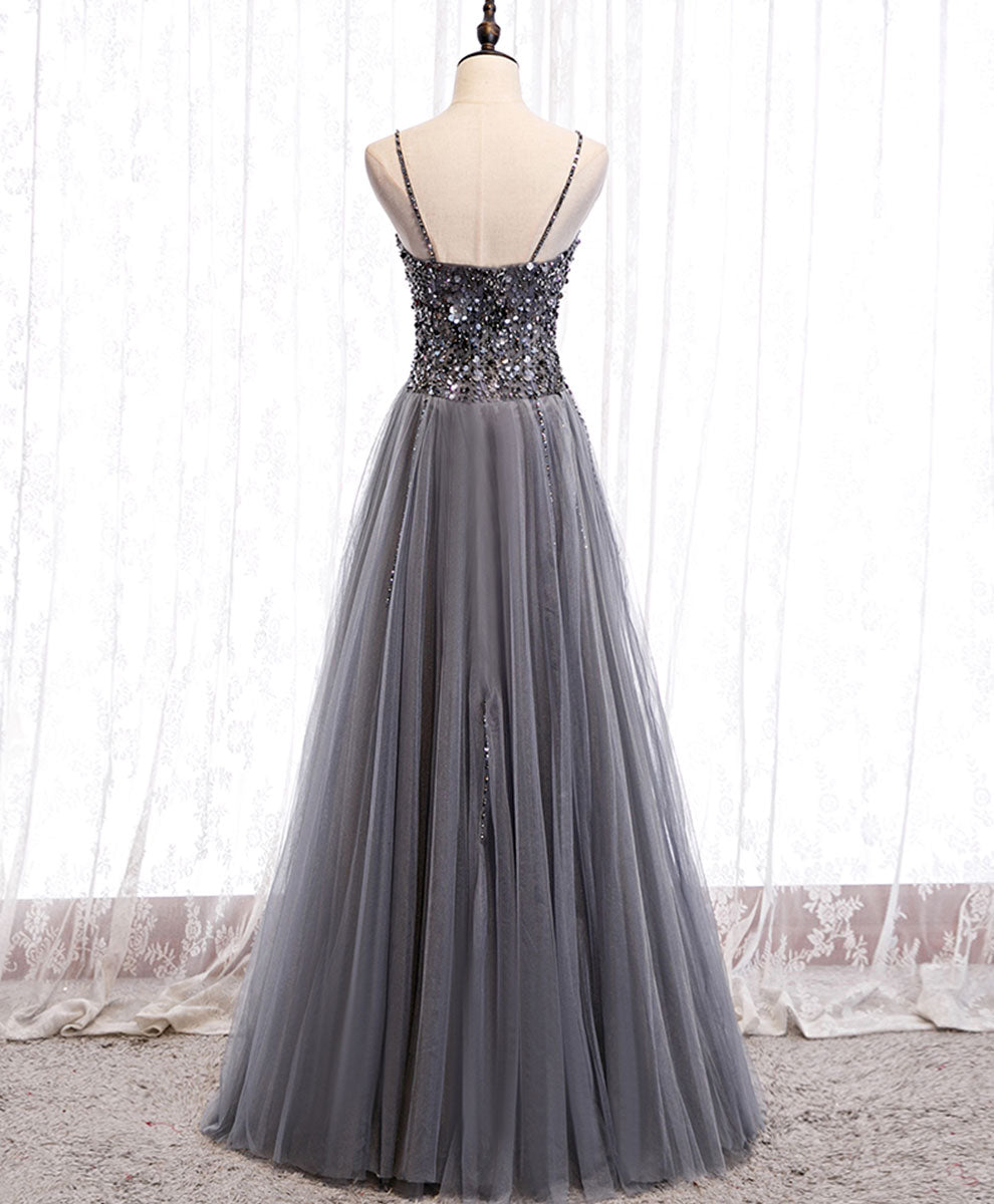 A-Line Sweetheart Neck Floor-Length Gray Tulle Sequin Prom Dress with Beaded Bodice