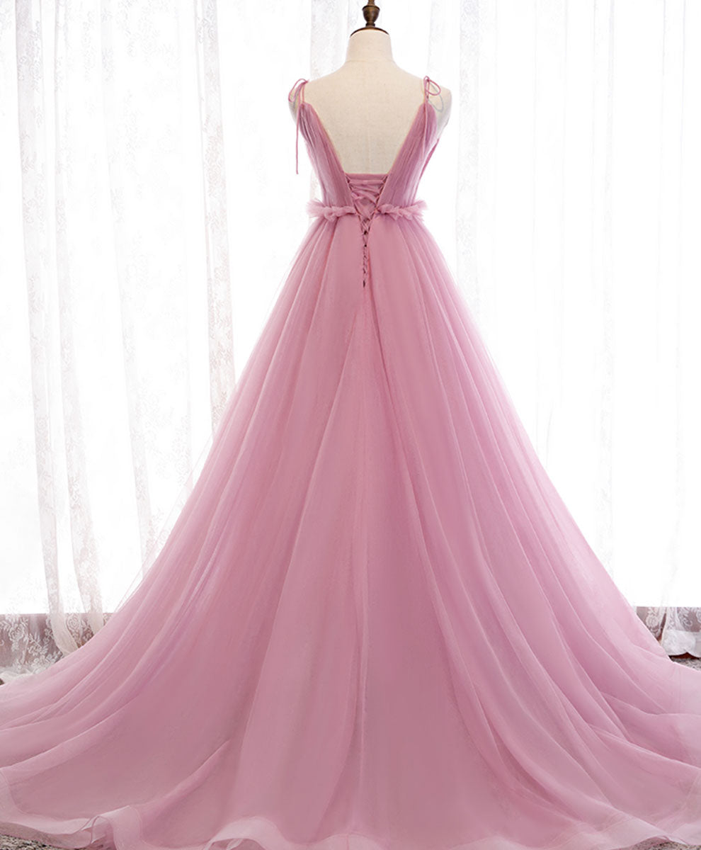 A-Line V Neck Floor-Length Pink Tulle Prom Dress with Spaghetti Straps