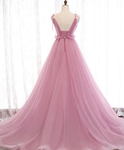 A-Line V Neck Floor-Length Pink Tulle Prom Dress with Spaghetti Straps