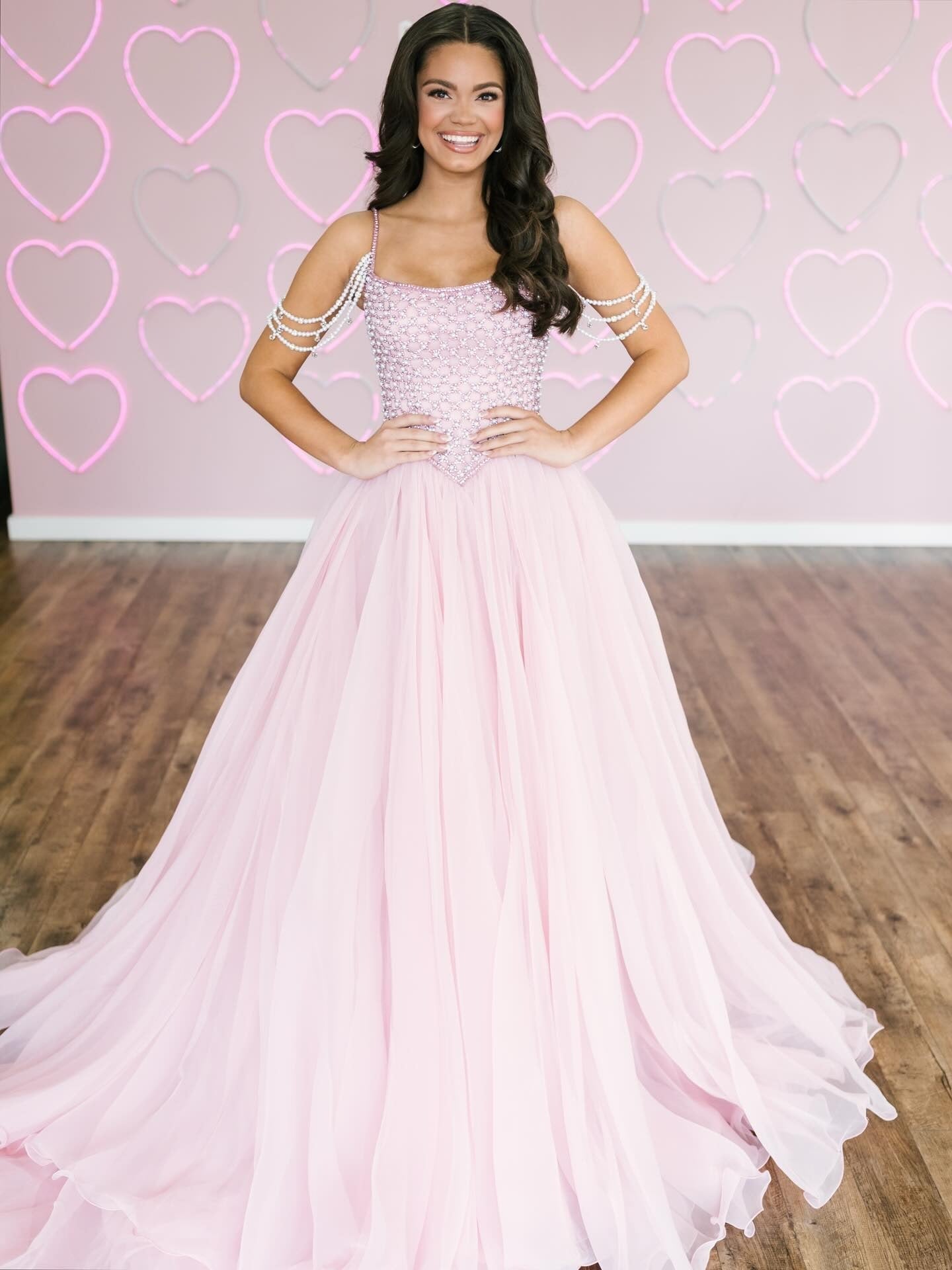 Ball Gown Square Neck Floor-Length Blush Pink Tulle Prom Dress with Beaded Bodice