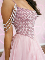 Ball Gown Square Neck Floor-Length Blush Pink Tulle Prom Dress with Beaded Bodice