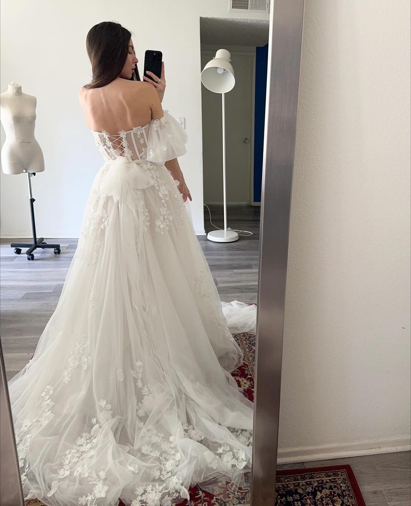 A-Line Off-the-Shoulder Floor-Length Tulle Prom Dress with 3D Floral Lace Appliqué