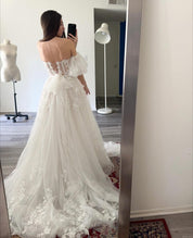 A-Line Off-the-Shoulder Floor-Length Tulle Prom Dress with 3D Floral Lace Appliqué