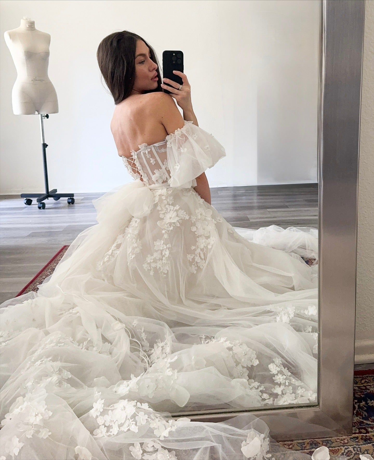 A-Line Off-the-Shoulder Floor-Length Tulle Prom Dress with 3D Floral Lace Appliqué