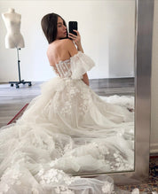 A-Line Off-the-Shoulder Floor-Length Tulle Prom Dress with 3D Floral Lace Appliqué