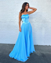 A-Line Strapless Sweetheart Floor-Length Chiffon Prom Dress with Bow Corset Bodice