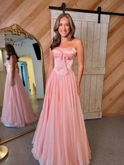 A-Line Strapless Sweetheart Floor-Length Chiffon Prom Dress with Bow Corset Bodice
