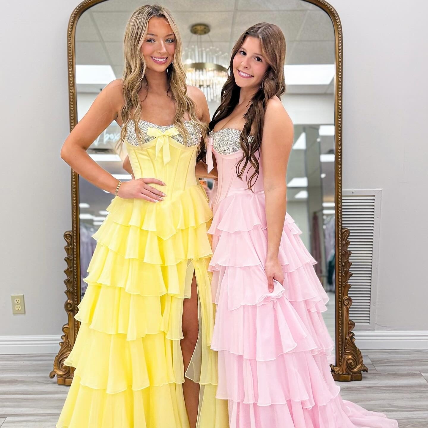 A-Line Strapless Sweetheart Floor-Length Chiffon Prom Dress with Sparkling Bow Bodice and Tiered Ruffle Skirt