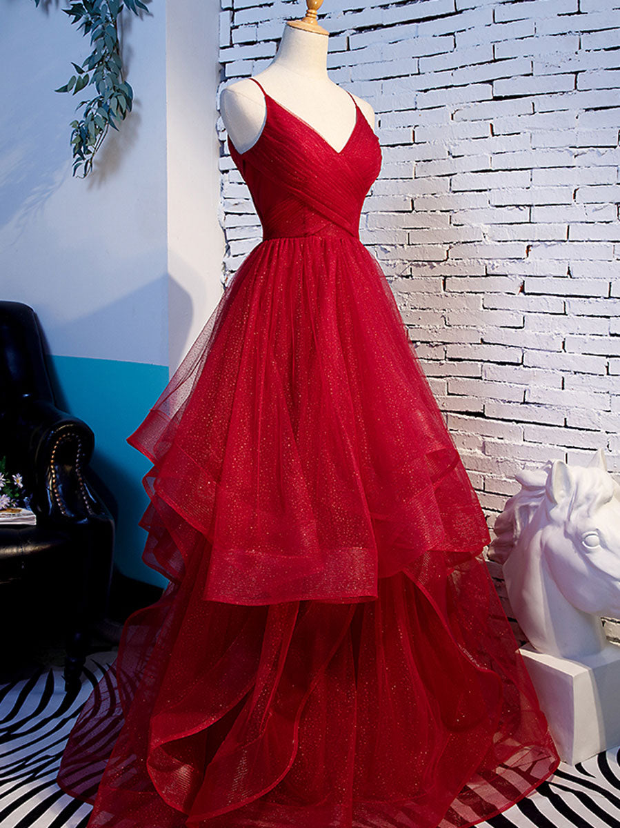 Red A-Line V Neck Floor-Length Tulle Prom Dress with Layered Ruffle Skirt