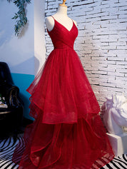 Red A-Line V Neck Floor-Length Tulle Prom Dress with Layered Ruffle Skirt