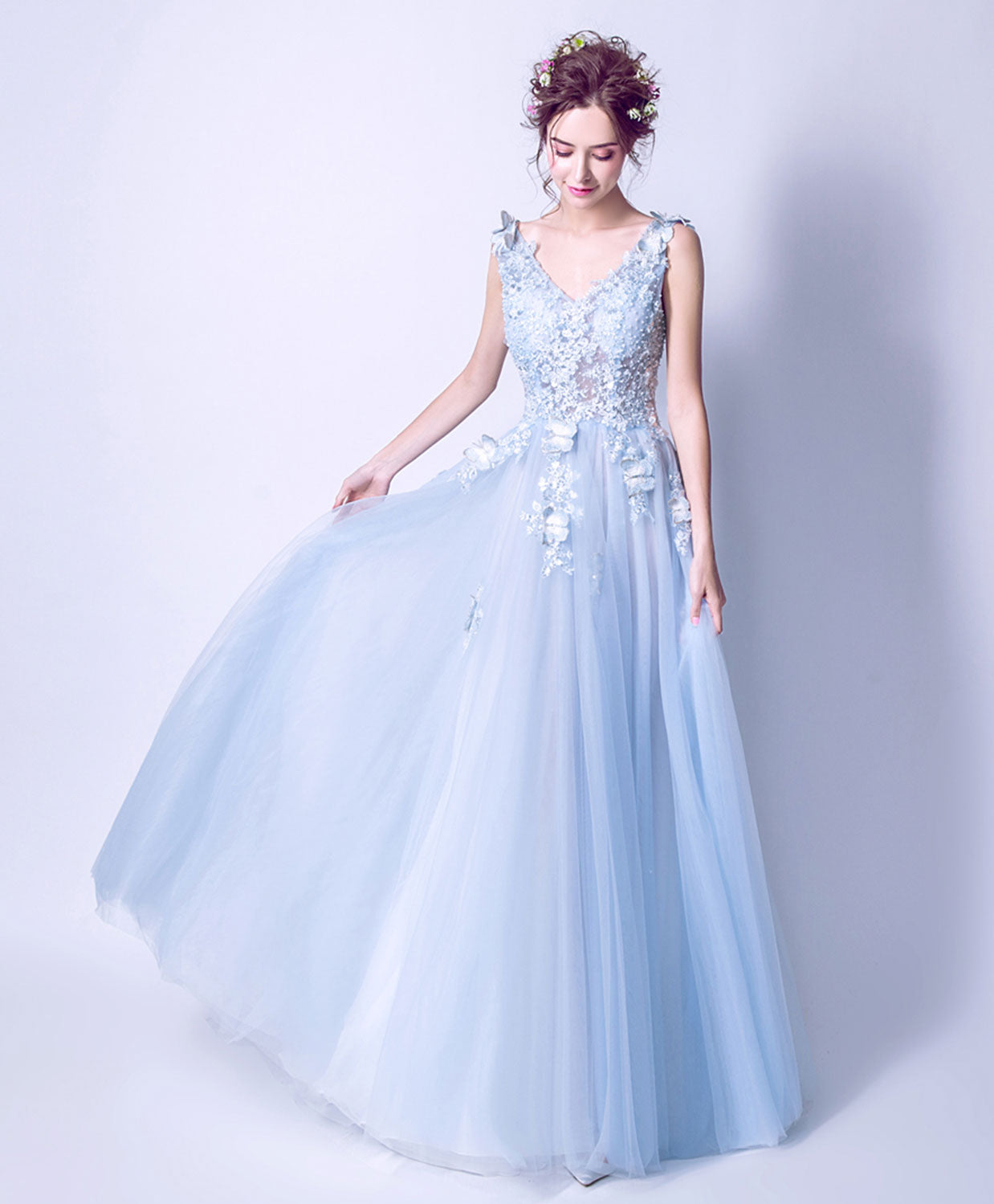 A-Line V-Neck Floor-Length Tulle Dress with 3D Floral Lace Appliqué Prom Dress