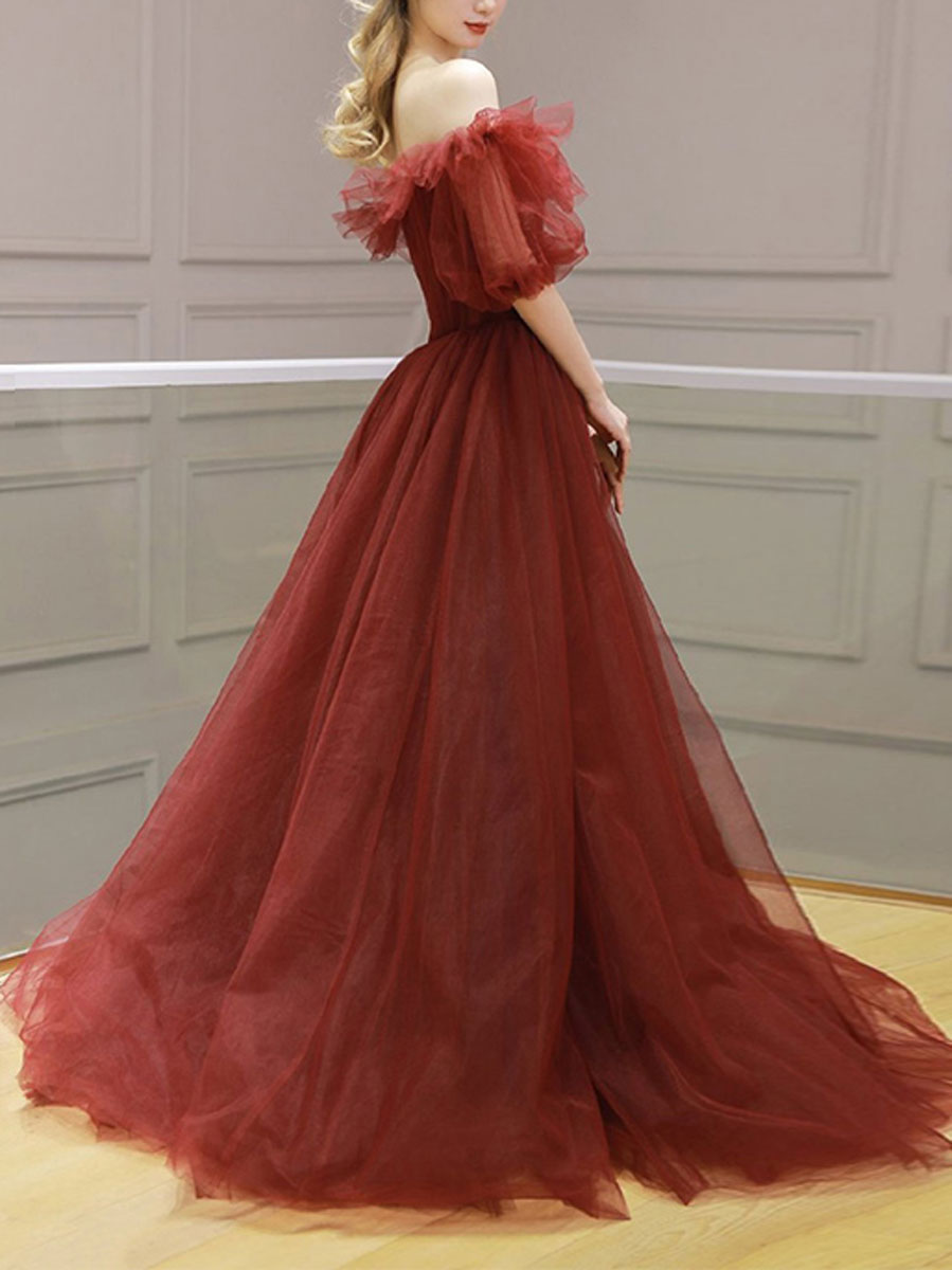 Ball Gown Off-the-Shoulder Floor-Length Burgundy Tulle Romantic Prom Dress