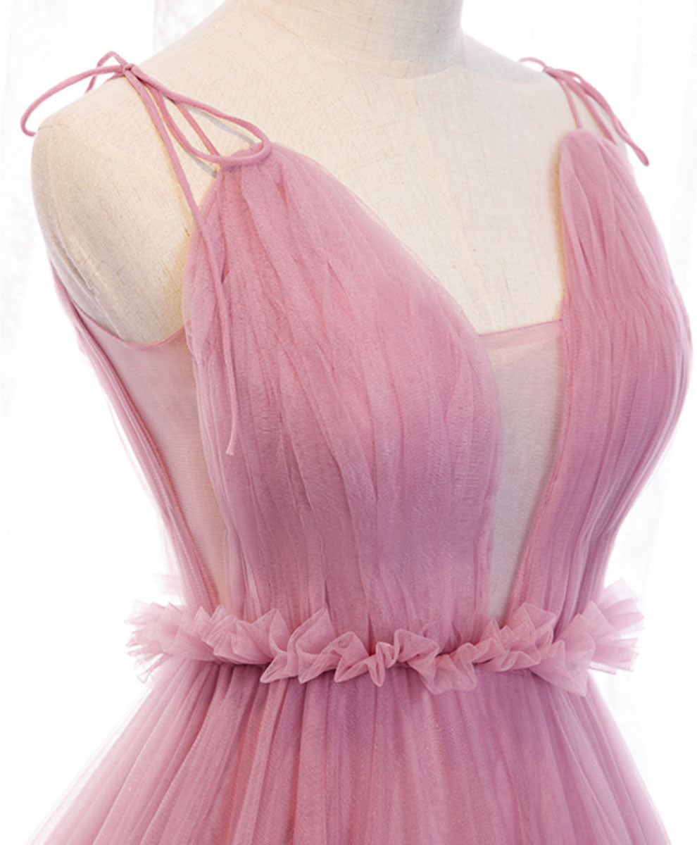 A-Line V Neck Floor-Length Pink Tulle Prom Dress with Spaghetti Straps