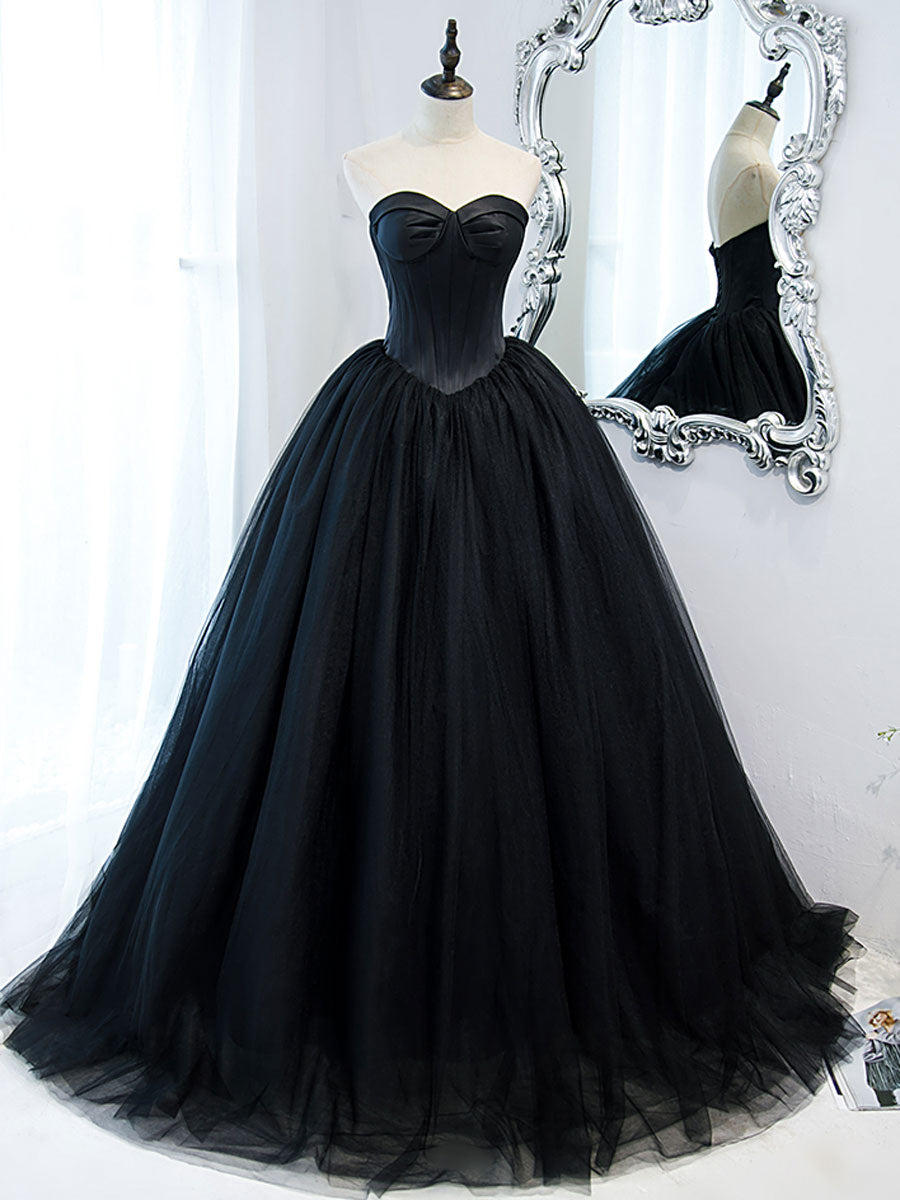 Ball Gown Sweetheart Floor-Length Black Tulle Prom Dress with Structured Corset Bodice